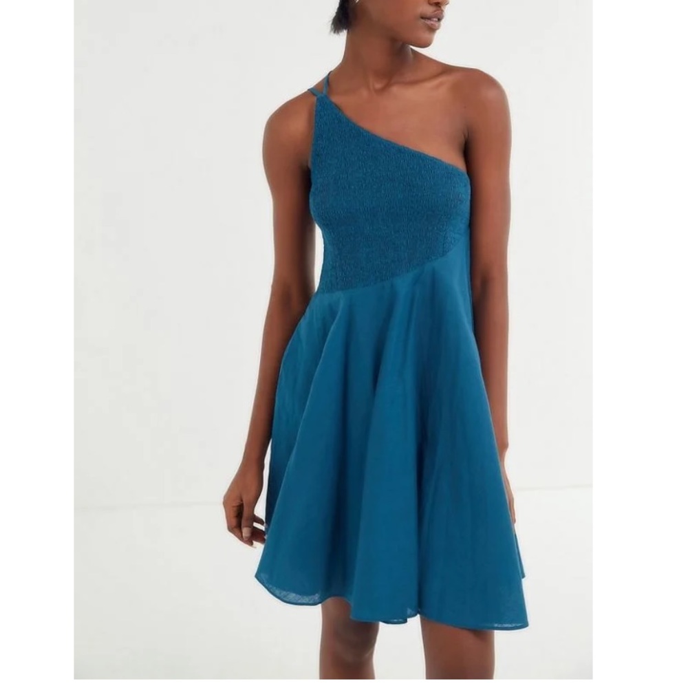uo dahlia asymmetric smocked mini dress